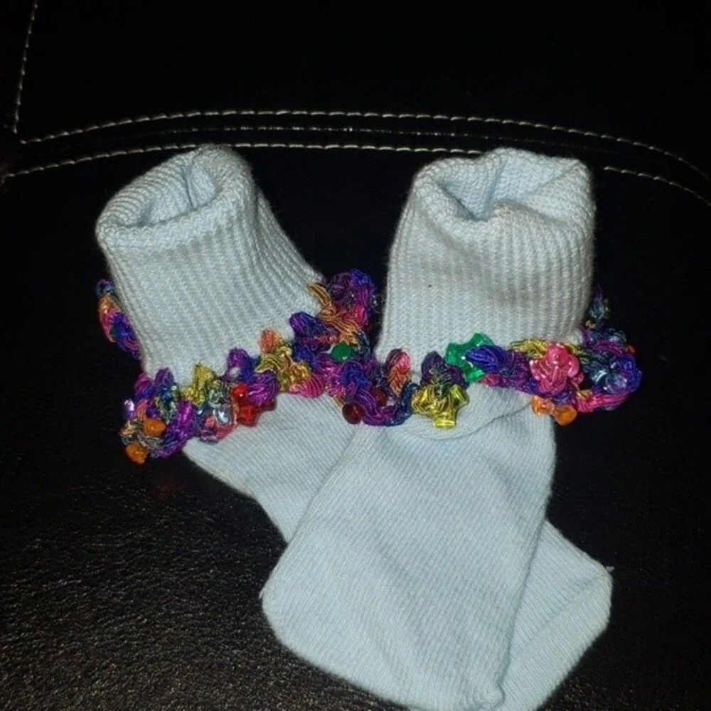 Crochet Beaded Light blue socks Size 18 month Homemade!
